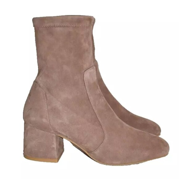 $700 STUART WEITZMAN Flareblock 60MM Suede Booties SQUARE TAUPE SOCK 11.5 (PB22) - Picture 2 of 8